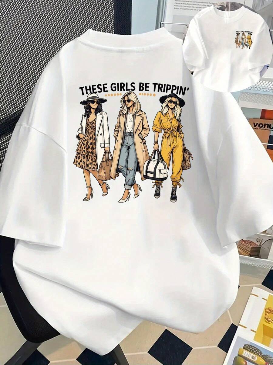| Exquisite Design | Loose And Comfortable | Easy To Match | Short-Sleeved Printed T-Shirt With Front And Back Designs - Fashionable For Girls, Travel Style - Women's Printed T-Shirt For Spring/Summer, Fashionable Item, Versatile And Casual. - 白色 - 查看 1