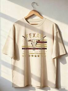Western And Vintage Style Short Sleeve T-Shirt, Fashionable Short Sleeve T-Shirt For Spring And Summer 2026, Made In Mexico, 180 Grams. Cartoon Print, Couple Design, Suitable For Indoor Or Outdoor Wear. Crew Neck, Unisex, Ideal For Office And Leisure. One-Piece Pack. - APR-P631577SLNDXZGY600 - 查看 3