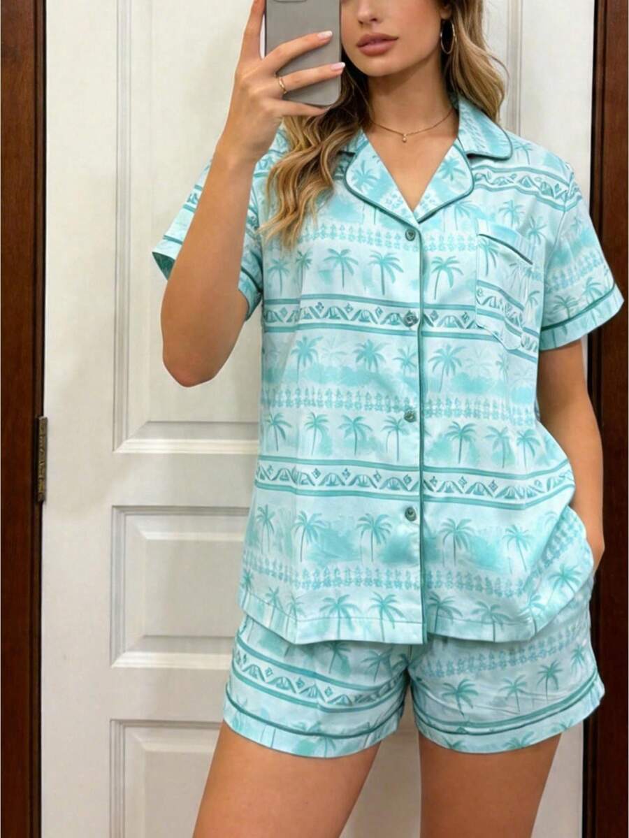 Womens Summer Pajamas Set Coconut Tree Print Button Down Short Sleeve Tops With Shorts Lounge Wear 2 Pcs Set - 藍色 - 查看 1