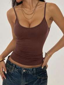 PETITE Camisola sin Mangas con Bajo Arrugado para Mujer, Estilo Casual, Color Sólido - Marrón - Ver 4