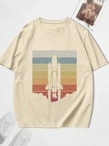 Men's Crew Neck Rocket Print T-Shirt - 灰色 - 查看 1