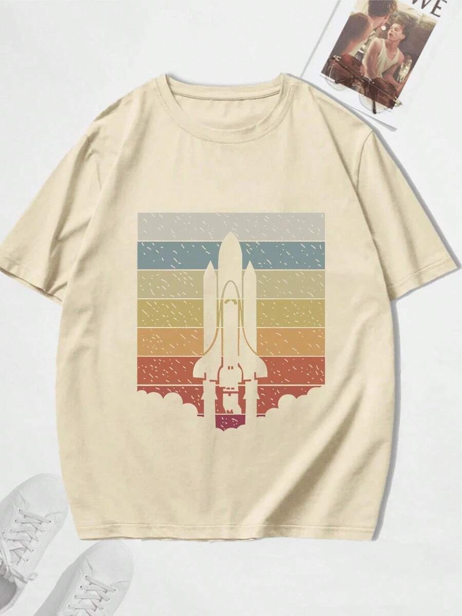Men's Crew Neck Rocket Print T-Shirt - 灰色 - 查看 1