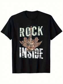 Men's T-Shirt - Vintage Guitarist And Drummer Print - Black, Short Sleeve, Round Neck, Casual Style, Suitable For All Seasons, Casual Vintage Print T-Shirt, Material Is ,, Local Delivery Available. - 黑色 - 查看 1