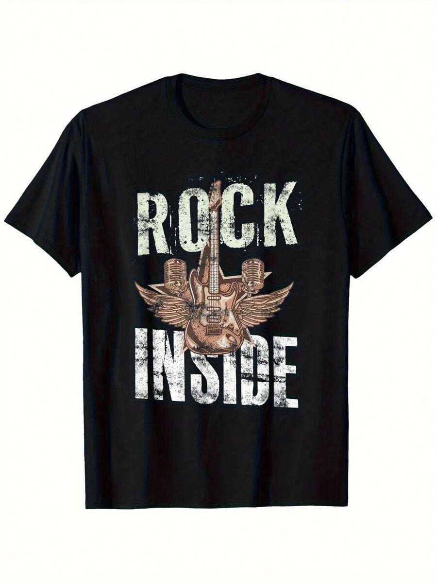 Men's T-Shirt - Vintage Guitarist And Drummer Print - Black, Short Sleeve, Round Neck, Casual Style, Suitable For All Seasons, Casual Vintage Print T-Shirt, Material Is ,, Local Delivery Available. - 黑色 - 查看 1