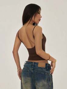 PETITE Camisola sin Mangas con Bajo Arrugado para Mujer, Estilo Casual, Color Sólido - Café integral - Ver 2