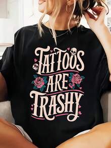 Camiseta de Verano Premium para Mujer con Estampado de Tatuaje de Basura, Camiseta Moderna Retro Divertida con Estampado de Tatuaje de Tinta, Sarcasmo, Emoción Punk y Letras Góticas, Camiseta Casual de Manga Corta con Cuello Redondo para Verano y Primavera, Ropa de Mujer. - Negro - Ver 7