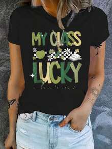 1 Piece, 180 G/M², Women's Fashion Graphic Print Polyester T-Shirt - Casual Short Sleeve Crew Neck Top - Lightweight And Breathable For All Seasons. Crew Neck, 100% Cotton, Soft Fabric, Short Sleeves. - 黑色 - 查看 2