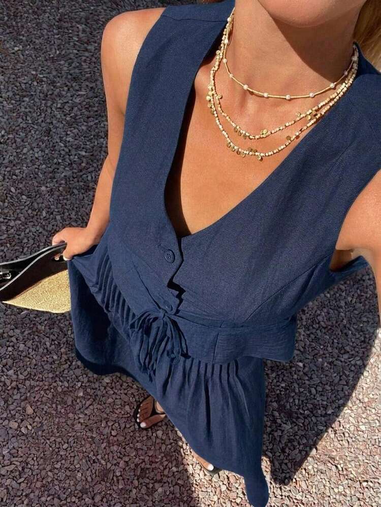 Conjunto de 2 piezas de mujer con falda plisada con cintura anudada y escote en V sin mangas, atuendo de verano para vacaciones - Azul marino - Añade 6