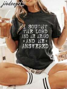 Camiseta gráfica para mujer con estampado "Busqué al Señor y Él me escuchó y me respondió", estampado de versículo bíblico, tops de verano, atuendos casuales para vacaciones, camisetas de algodón de estética cristiana, ropa de verano. - Gris oscuro 2 - Ver 6