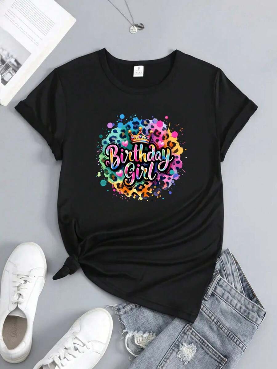 Women's T-Shirt, 1 Piece, Casual Sports T-Shirt For Women With Happy Birthday Print And Festive Motifs, Round Neck, Short Sleeve. - 黑色 - 查看 1