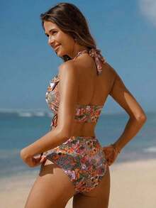 Conjunto de camiseta de tirantes y bikini con estampado floral ditsy para mujer, ideal para vacaciones románticas en la playa, nuevas llegadas de moda primavera/verano 2026: estilos de Año Nuevo, estilos de San Valentín, estilos de vuelta al col - Naranja - Ver 2