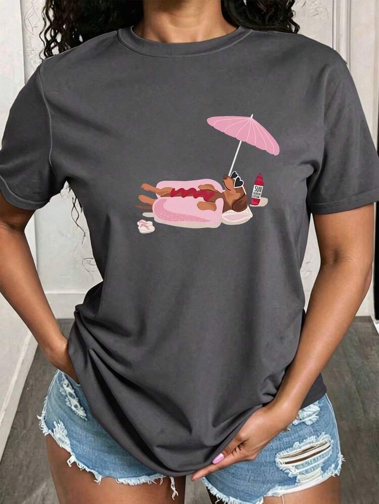 Playeras de Mujer Cuello Redondo Manga Corta, Camiseta con Estampado de Moda Actual, Tops Básicos Casuales - Gris Oscuro - Añade 1