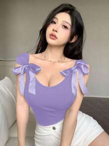 Camiseta de manga corta ceñida con lazo en la espalda para mujer, ideal para el verano - Lila Púrpura - Ver 4