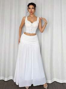 Falda larga plisada con cierre asimétrico de gasa blanca elegante y minimalista para mujer, adecuada para verano, playa, vacaciones y uso casual - Blanco - Ver 4