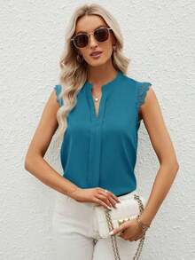 Clasi Camisa de mujer sin mangas de unicolor con cuello en V elegante y parche de encaje, verano - Agua verde azul - Ver 5