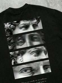 Plus Size T-Shirts For Men, Manfinity Street Fashion T-Shirt With Black Portrait And Letter Print, Urban Clothing, Y2K, Vintage, Artistic, Sculptural, Plus Sizes, For Men, Take That T Shirt, - Negro - Ver 2