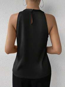 Privé Blusa de satén con cuello halter plisado de color champán, parte superior sin mangas, para uso diario en la oficina, elegante y sencilla, para mujeres, graduación, maestras, vuelta al colegio - Negro - Ver 2
