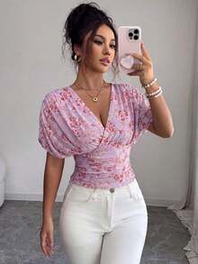 Blusa sexy con mangas de murciélago plisadas y ajustadas - Púrpura malva - Ver 6