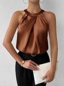 Privé Blusa de satén sin mangas con cuello de volantes de unicolor elegante para la oficina y el trabajo, color champán - Marrón - Ver 7