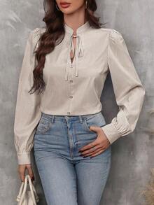 LUNE Blusa de manga farol con cuello de corbata y estampado de rayas, blusas de manga larga - Caqui - Ver 4