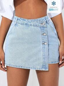 PETITE Short vaquero sexy con bolsillo frontal, cruce de cintura y abotonado para mujer - Lavado ligero - Ver 7