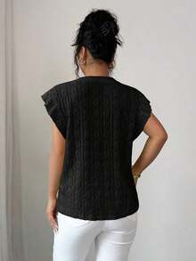 Camiseta de mujer con flores tridimensionales lindas y contrastantes para verano y otoño - Negro 2 - Ver 2