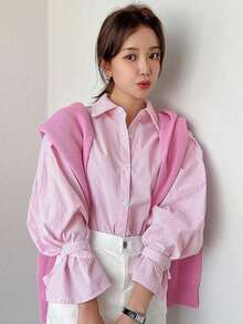 Camisa con volantes y hombros caídos a rayas verticales, blusas de manga larga, ropa de otoño - Rosa Pálido - Ver 4