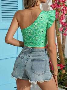 VCAY Parte superior asimétrica de punto impresa corta y entallada para mujer, ideal para vacaciones - Verde - Ver 2