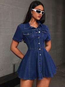 Vestido corto de mezclilla casual con botones para mujer, manga corta y cierre frontal con botones - Azul lavado oscuro 2 - Ver 1