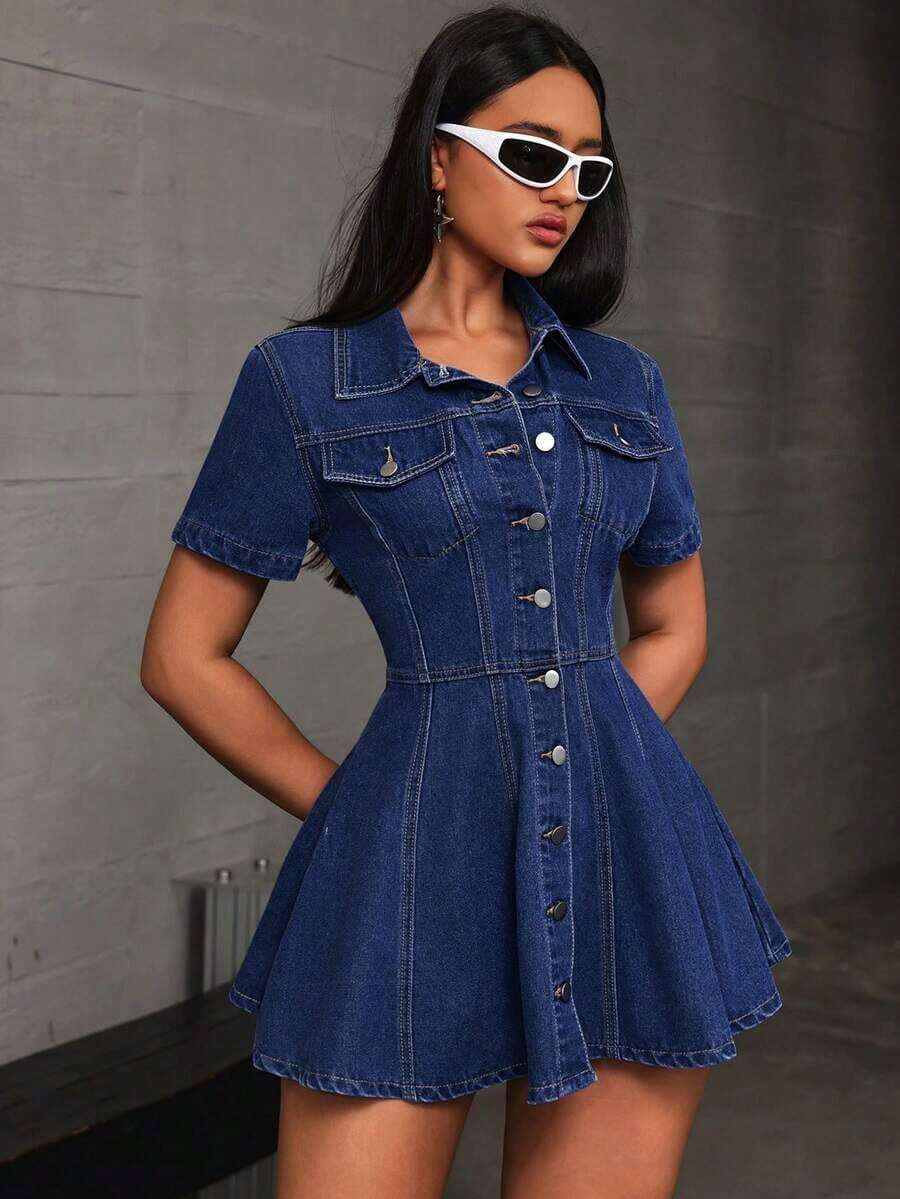 Vestido corto de mezclilla casual con botones para mujer, manga corta y cierre frontal con botones - Azul lavado oscuro 2 - Ver 1