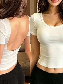 Camiseta de manga corta minimalista de unicolor para mujer, uso casual de todos los días en verano - Blanco - Ver 2