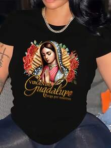 Women's Our Lady Of Guadalupe T-Shirt - Spanish Text And Iconic Rose Design - Short Sleeve, Round Neck Catholic Iconography - Inspired By Mexican Folk Art For Casual Wear (Red/Green) - 黑色 - 查看 6