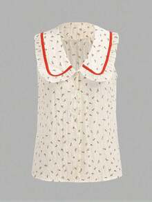 Blusa sin mangas con cuello Peter Pan y estampado floral elegante, apropiada para uso diario y fiestas - Blanco - Ver 1