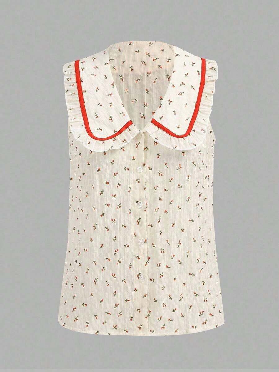 Blusa sin mangas con cuello Peter Pan y estampado floral elegante, apropiada para uso diario y fiestas - Blanco - Ver 1