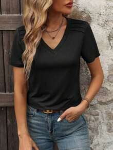 Camiseta de manga corta de cuello en V de unicolor casual de verano - Negro - Ver 4