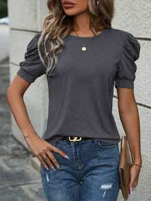 Selamara Camiseta casual de verano para mujer, de unicolor, cuello redondo y manga abullonada - Gris Oscuro - Ver 3