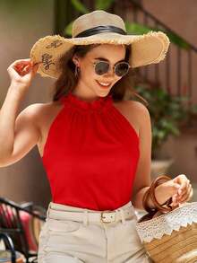 VCAY Blusa de verano para mujer con cuello con volantes, escote en la espalda y top sin mangas - Rojo - Ver 4