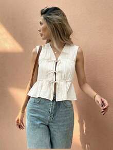 Frenchy Camisa informal de mujer sin mangas con botones de unicolor para vacaciones - Albaricoque - Ver 8