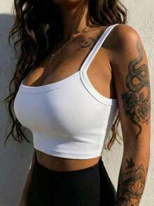 Camiseta corta de tirantes gruesos simple para mujer, adecuada para primavera y verano, estilo casual/streetwear/Y2K, se puede combinar con oficina/hogar/streetwear/discoteca, una opción ideal para blusas casuales de verano en color blanco - Blanco - Ver 2