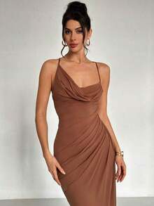 elegante y romántico de estilo elegante y sexy para mujer, adecuado para fiesta, vacaciones, vuelta al colegio, cita romántica y boda, vestido de fiesta, vestido largo con cuello drapeado, espalda descubierta y volantes con lazo - Café integral - Ver 7