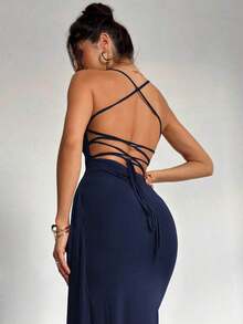 Vestido de estilo elegante y romántico para mujer, adecuado para fiesta, vacaciones, vuelta al colegio, cita romántica y boda, vestido de fiesta con escote en pico, cuello halter, espalda descubierta, efecto fruncido y lazo - Azul marino - Ver 4