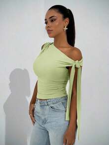 Elegante blusa de mujer con hombros asimétricos y cuello con lazo, adecuada para citas casuales, fiestas nocturnas, uso diario, otoño - Verde lima - Ver 5