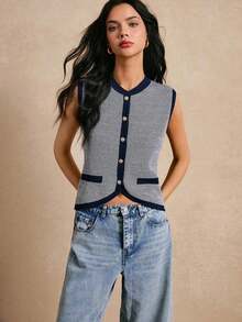 Nueva llegada Chaleco de punto de bloques de color y rayas, Elegante chaleco sin mangas para damas, Blusas para mujer, Blusas para salir en otoño/invierno - Azul - Ver 4