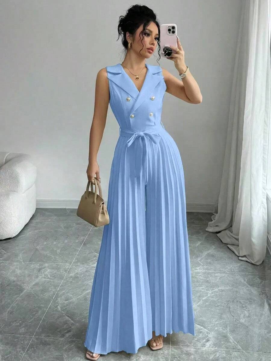 Mono plisado con diseño de chaleco cruzado elegante para mujer, color albaricoque, para primavera y otoño - Celeste - Ver 1
