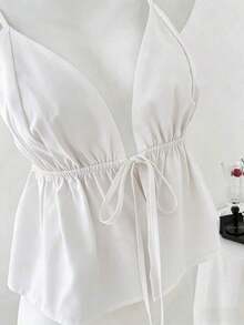 Top sin espalda con cuello de halter y rayas de strass para mujer - Blanco - Ver 4