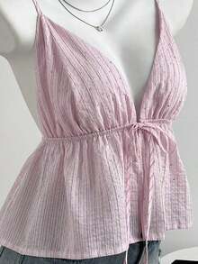 Top sin espalda con cuello de halter y rayas de strass para mujer - Rosa - Ver 6