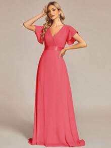 Vestido de dama de honor con cuello en V elegante, mangas con volantes y mariposa, color verde salvia, vestido de invitada de boda, vestido de primavera semi-formal para boda, fiesta de cumpleaños, graduación, Día de San Valentín - Rosado Sandía - Ver 4