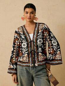 Camisa casual versátil de uso diario con estampado floral y nudo delantero para mujer de talla grande - Multicolor - Ver 6