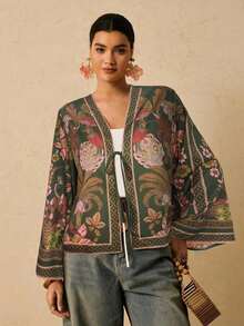 Camisa casual versátil de uso diario con estampado floral y nudo delantero para mujer de talla grande - Verde Oscuro - Ver 6