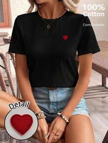 Frenchy Camiseta casual de manga corta para uso diario con corazón bordado en hilo dorado para mujer, camiseta de verano para mujeres con atuendo de fiesta de té de algodón, parte superior bordada, camiseta de algodón para mujeres.Tops de verano - Negro 3 - Ver 7
